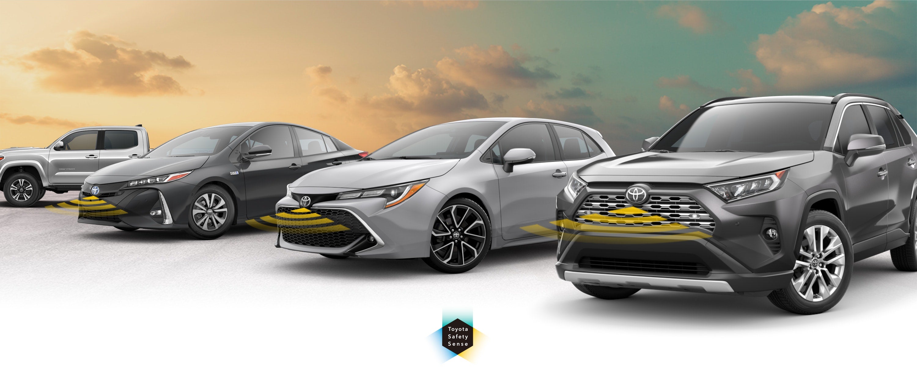 Toyota Safety Sense: Designed for Safety. Options shown on Toyota models including RAV4, Tacoma, and Camry, available now at Jim Shorkey Toyota of Greensburg in Greensburg PA.